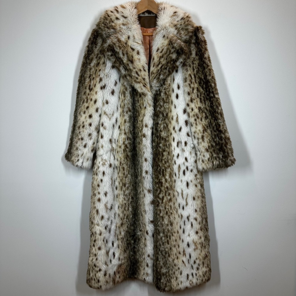 Tissavel Country Pacer Faux Fur Coat Women M Spotted Lynx Print Long Vintage